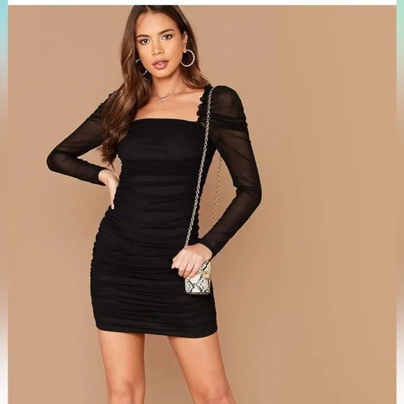 Wdirara | Dresses | Black Bodycon Mini Dress Puff Sleeves Mesh Sleeve  Square Neck Size L